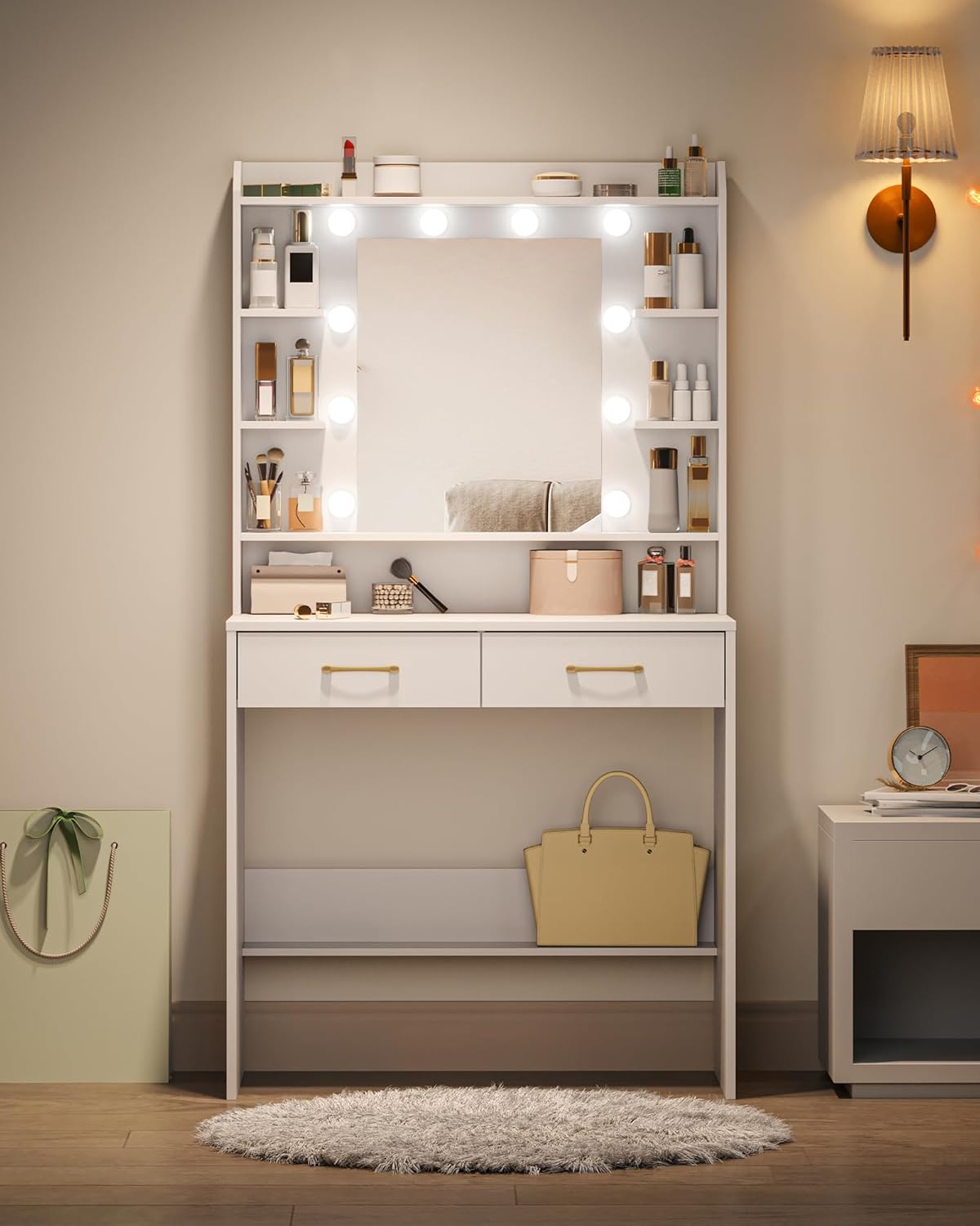 Tocador de Maquillaje con Espejo y Luz LED Ajustable, 2 Cajones y Amplio Almacenamiento, Mesa de Tocador Moderna para Dormitorio, Habitación Juvenil y Sala de Estar