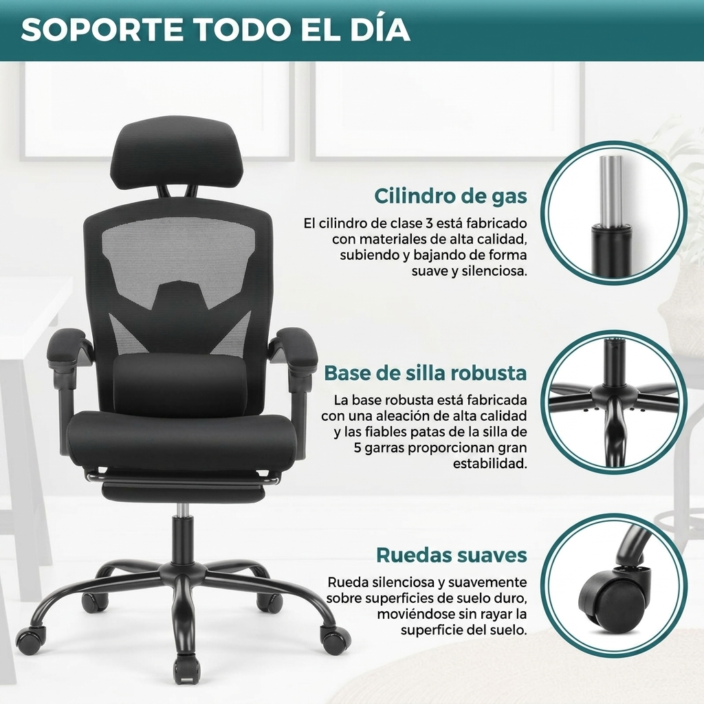 Silla de oficina ergonómica con respaldo de malla: altura ajustable, giratoria 360 grados, con ruedas, reposapiés, reposacabezas ajustable, brazos acolchados, bloqueo de reclinación, opción de regalo para la oficina (requiere montaje).