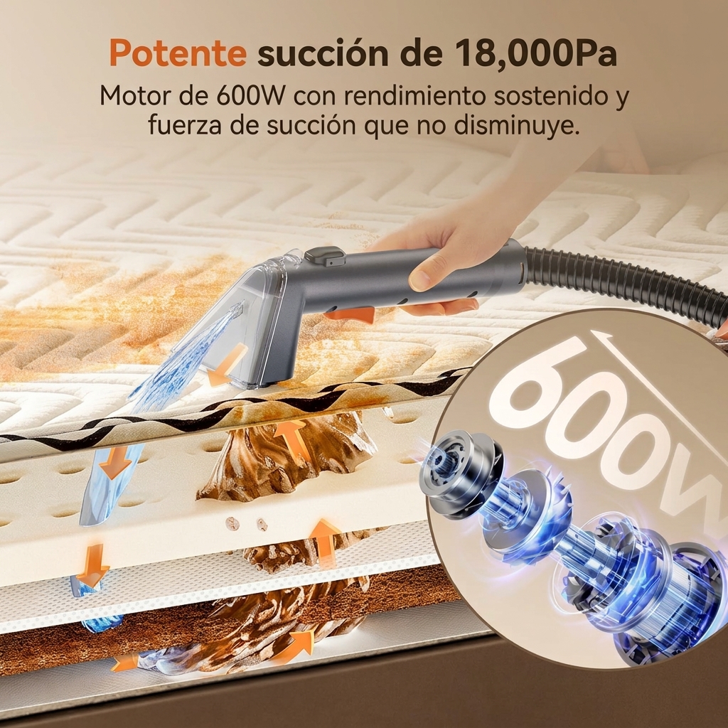 Máquina limpiadora de alfombras portátil: potente aspiradora con succión de 18 000 Pa, limpieza profunda a vapor y extracción de agua; dispositivo doméstico ligero y manual para uso en automóviles, alfombras y tapicería.
