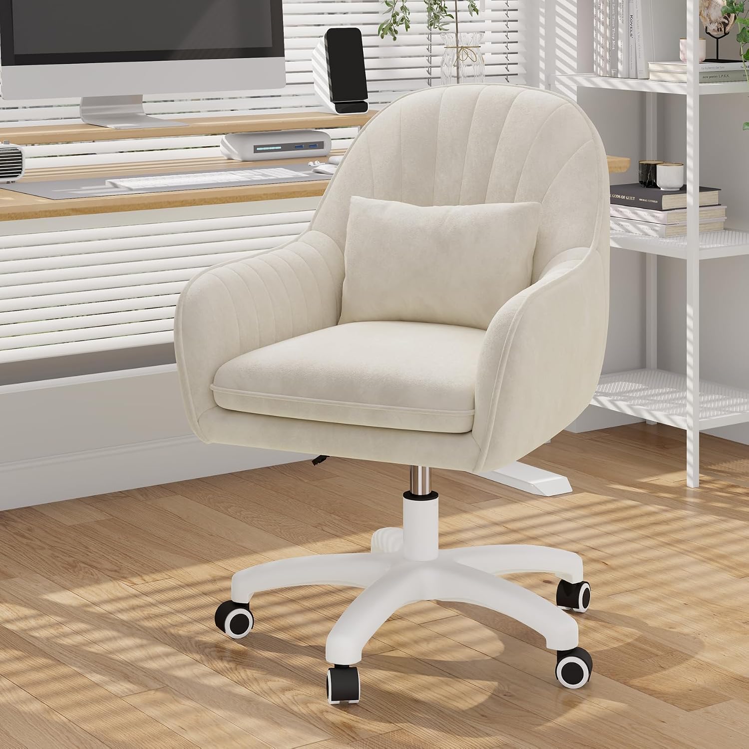 Silla giratoria para oficina en casa, silla de trabajo acolchada de terciopelo con ajuste de al., tocador con ruedas y cojín, silla de acento moderna con respaldo medio para dormitorio y sala de lectura, beige