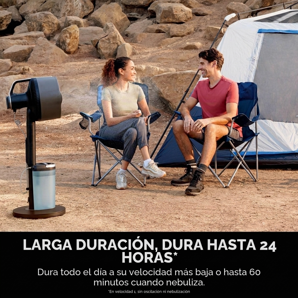 Ventilador inalámbrico para interiores y exteriores con sistema de nebulización al aire libre, alcance de enfriamiento de 20 m, tiempo de funcionamiento de 24 horas