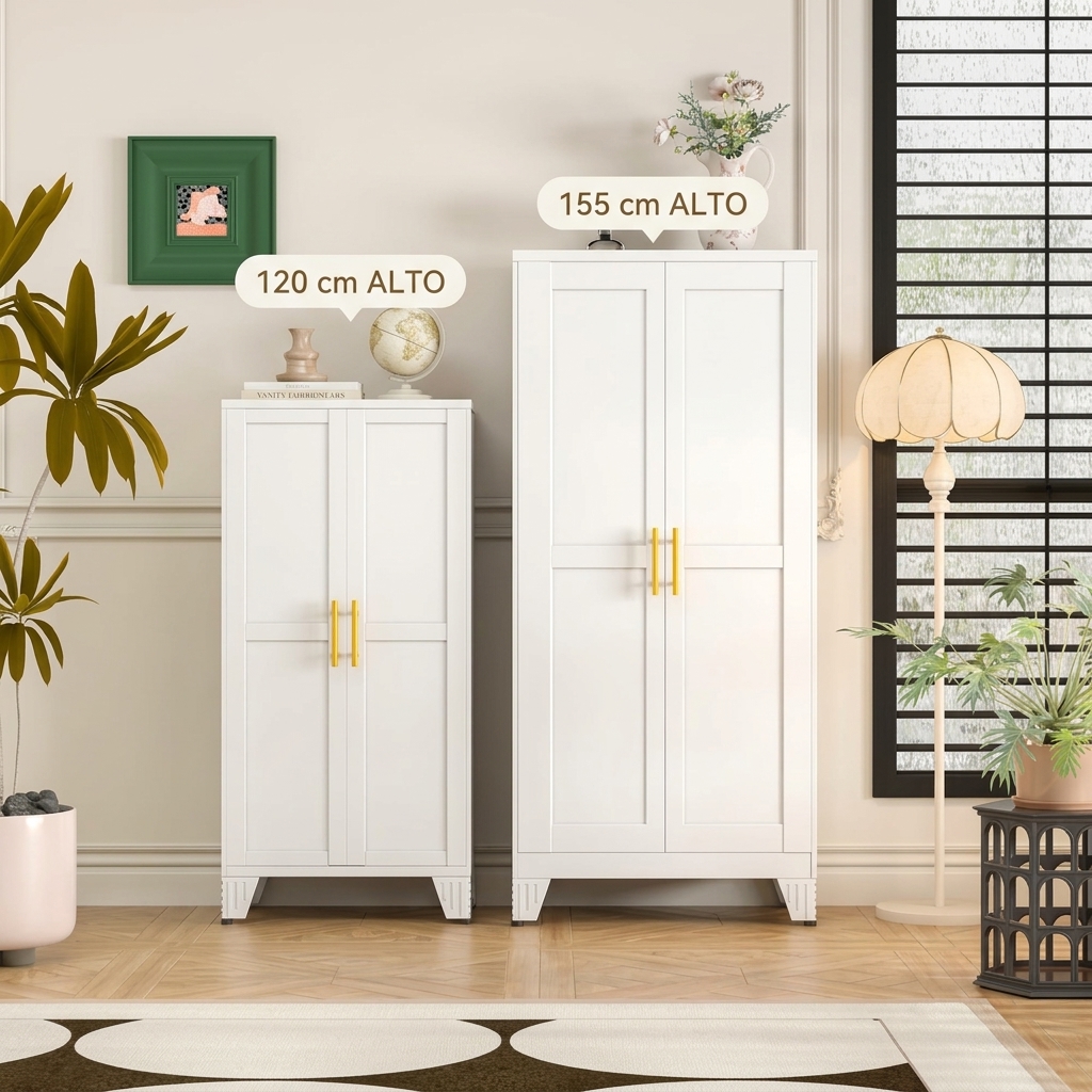 Armario de Almacenamiento de Metal con 2 Puertas, Estantes Ajustables y Tiradores Dorados, Gran Capacidad para Organizar Cocina, Despensa, Baño, Lavadero, Comedor, Salón y Oficina, Mueble Multiusos Moderno