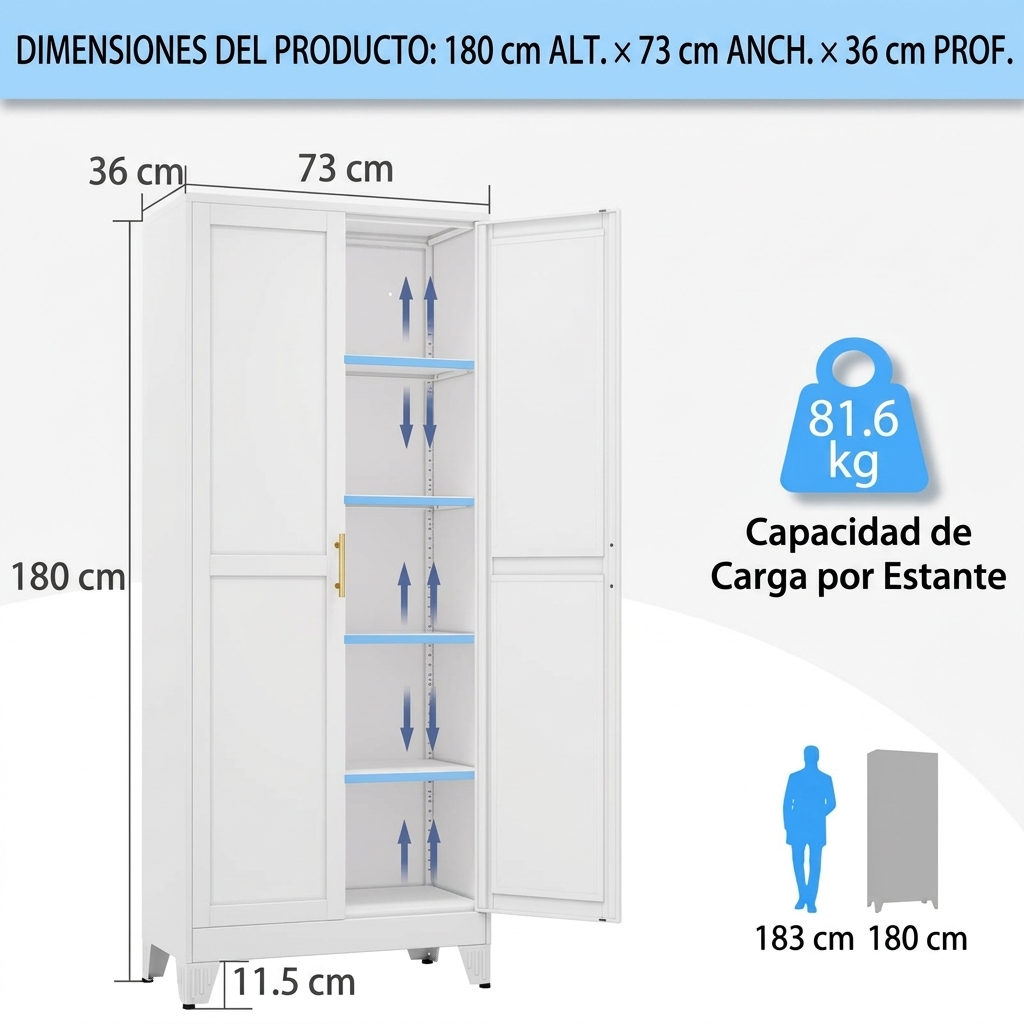 Armario de Almacenamiento de Metal con 2 Puertas, Estantes Ajustables y Tiradores Dorados, Gran Capacidad para Organizar Cocina, Despensa, Baño, Lavadero, Comedor, Salón y Oficina, Mueble Multiusos Moderno