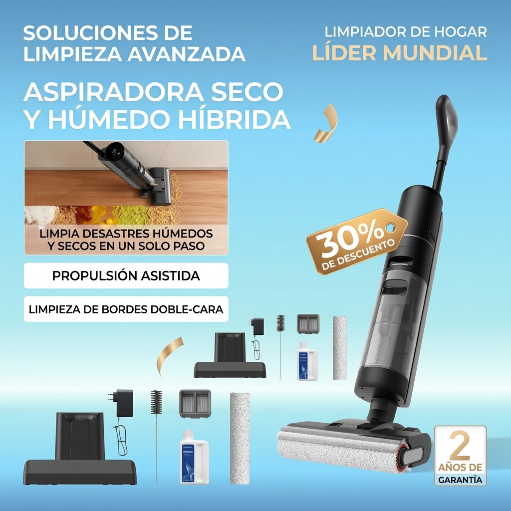 Aspiradora y Fregadora de Suelos Inalámbrica 2 en 1, Limpieza en Seco y Húmedo, Aspira, Friega y Limpia en una Sola Pasada