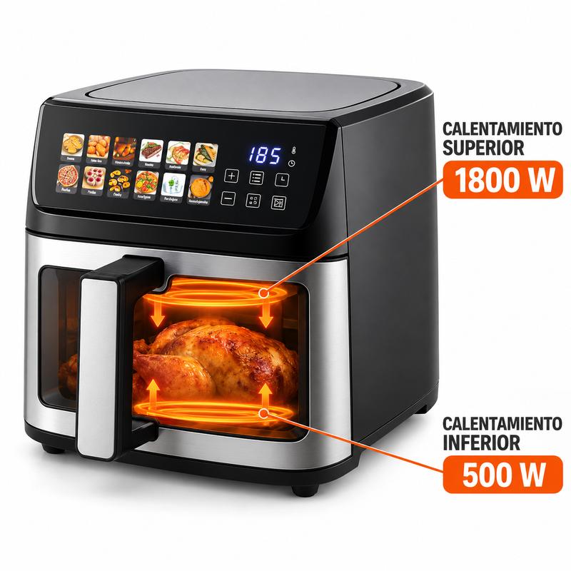 Freidora de Aire Sin Aceite 11L Gran Capacidad,Doble calentamiento, Ventana Transparente, 12 Menús Preprogramados, Circulación Aire 360°, Pantalla Táctil Digital para Cocina Familiar