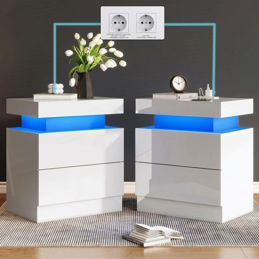 Pack de 2 Mesitas de Noche con LED y Estación de Carga, Mesillas Modernas con Luces RGB Controladas por App y Mando a Distancia, Cajones de Almacenamiento, Mesitas Auxiliares para Dormitorio, Salón o Sofá