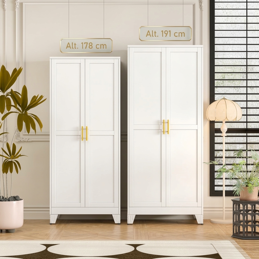 Armario de Almacenamiento de Metal con 2 Puertas, Estantes Ajustables y Tiradores Dorados, Gran Capacidad para Organizar Cocina, Despensa, Baño, Lavadero, Comedor, Salón y Oficina, Mueble Multiusos Moderno