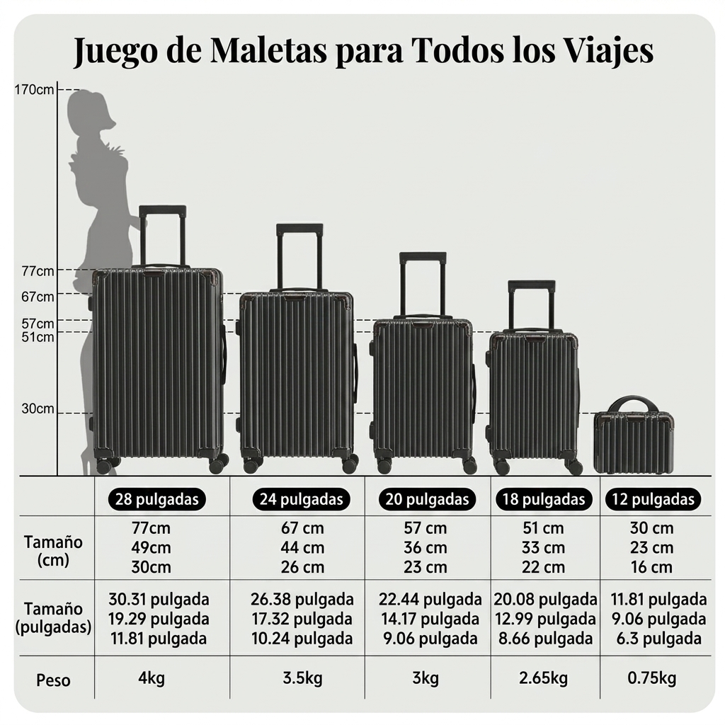 Set de 5/4 Maletas (23/51/57/67/77) – Equipaje Rígido de ABS, Dobles Ruedas Silenciosas 360° y Candado TSA Incorporado. Estilo Elegante, Ligeras y Silenciosas. ¡Ideal para Viajes de Negocios y Vacaciones en Familia!