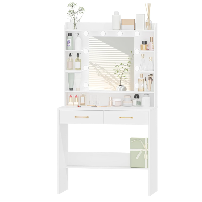 Tocador de Maquillaje con Espejo y Luz LED Ajustable, 2 Cajones y Amplio Almacenamiento, Mesa de Tocador Moderna para Dormitorio, Habitación Juvenil y Sala de Estar