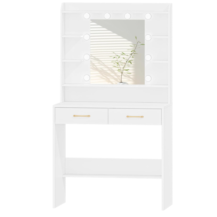 Tocador de Maquillaje con Espejo y Luz LED Ajustable, 2 Cajones y Amplio Almacenamiento, Mesa de Tocador Moderna para Dormitorio, Habitación Juvenil y Sala de Estar
