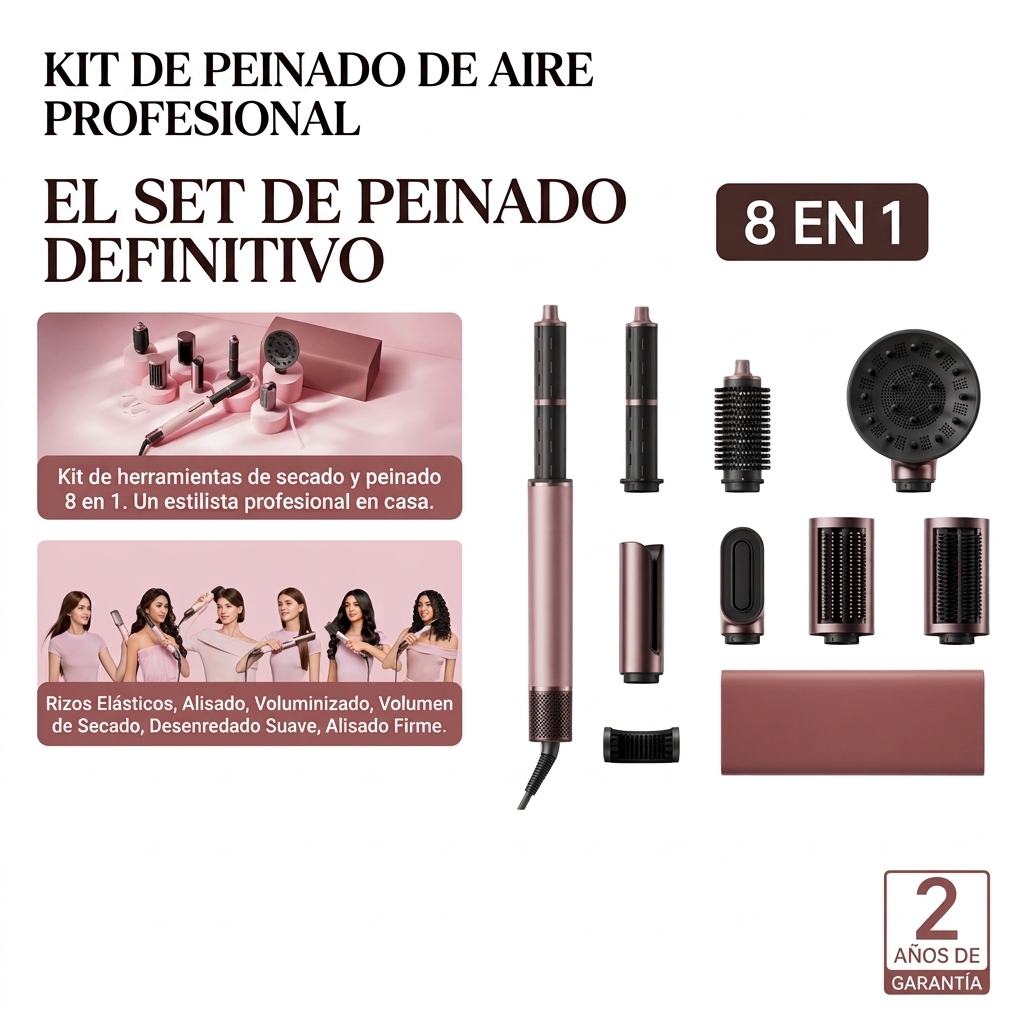 Moldeador de Pelo 7 en 1, Secador y Rizador Multifunción con Secado Rápido, 220-240 V, 50-60 Hz, 2 Barriles para Rizar, Cepillo Alisador, Cepillo para Dar Volumen y Suavizar, Herramienta de Peinado Multifunción para Crear Rizos, Ondas, Volumen y un Acabad