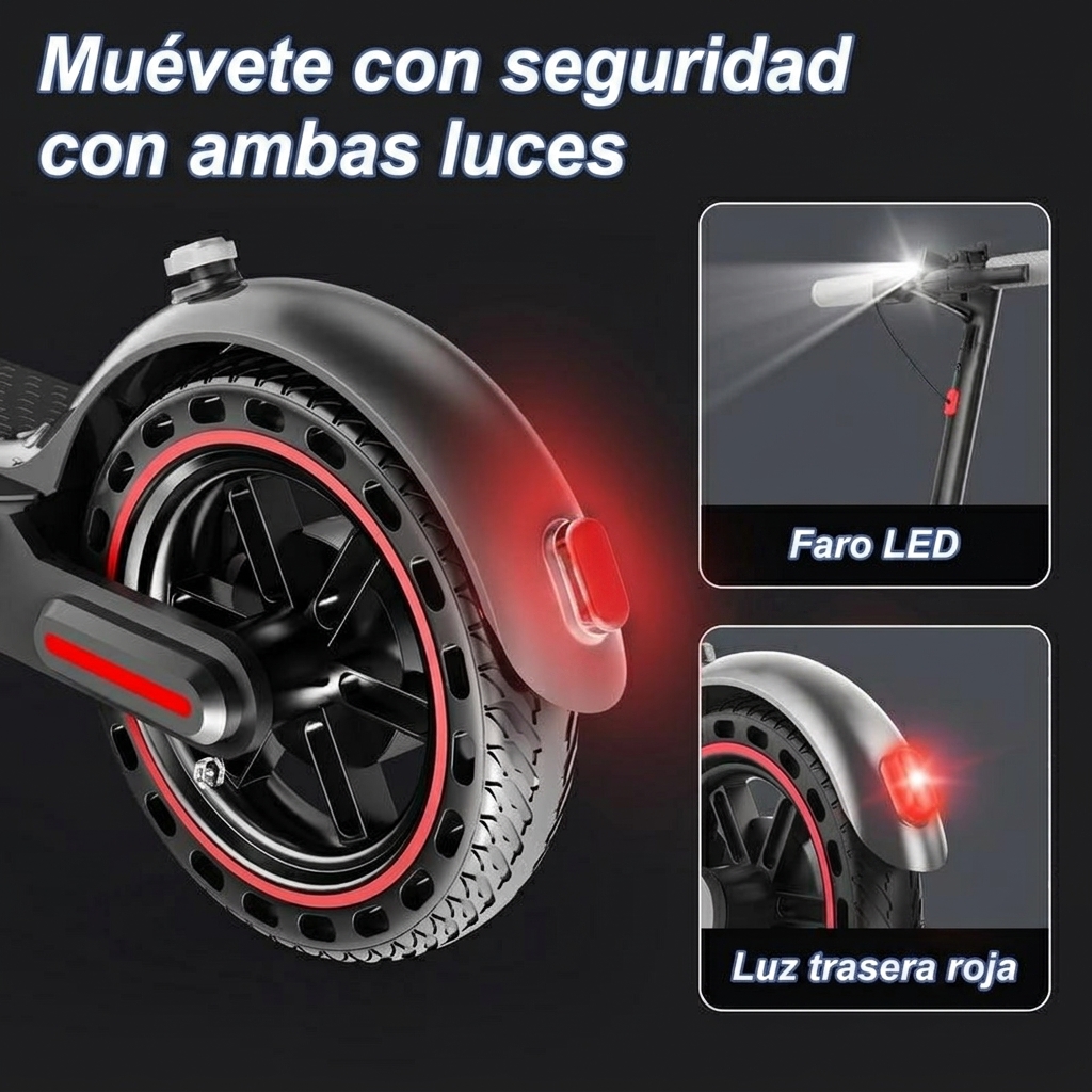 Patinete eléctrico: equipado con un motor de 350 W, una velocidad máxima de 25 km/h, una autonomía de 25 km, neumáticos macizos de nido de abeja de 8,5 pulgadas, un sistema de doble frenado y control mediante aplicación inteligente; diseño de cuadro de al