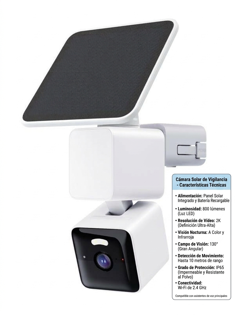 Cámara de Vigilancia Exterior Solar 2K, Inalámbrica con Visión Nocturna a Color, Seguimiento Inteligente con IA, Giro 360°, PTZ, WiFi e IP65, Cámara de Seguridad para Jardín, Patio, Garaje y Hogar