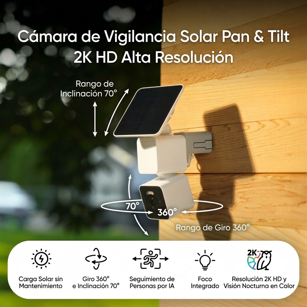 Cámara de Vigilancia Exterior Solar 2K, Inalámbrica con Visión Nocturna a Color, Seguimiento Inteligente con IA, Giro 360°, PTZ, WiFi e IP65, Cámara de Seguridad para Jardín, Patio, Garaje y Hogar