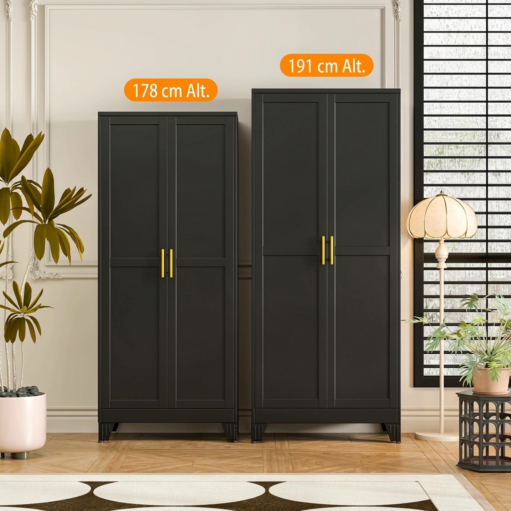 Armario de Almacenamiento de Metal con 2 Puertas, Estantes Ajustables y Tiradores Dorados, Gran Capacidad para Organizar Cocina, Despensa, Baño, Lavadero, Comedor, Salón y Oficina, Mueble Multiusos Moderno