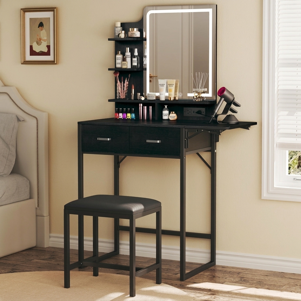 Tocador de maquillaje con espejo y luces, tocador pequeño con cajón de almacenamiento de tela, silla y estantes, tocador blanco con panel plegable y toma de corriente para dormitorio.