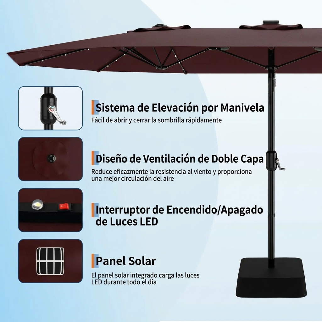 Sombrilla doble para patio, 4,55 x 2,65 metros, con base, luz LED opcional, diseño reversible, manivela, impermeable y con protección solar, ideal para patios, playas, piscinas, cafeterías, etc.