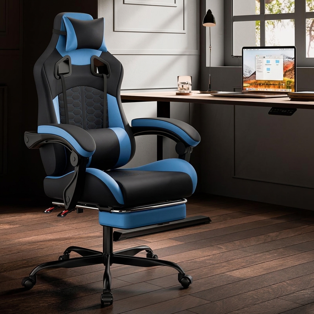 Silla de juegos para uso doméstico, cómoda silla ergonómica para sentarse durante mucho tiempo, equipada con con almohada Lumbar de espuma viscoelástica, silla de oficina giratoria de 360 grados