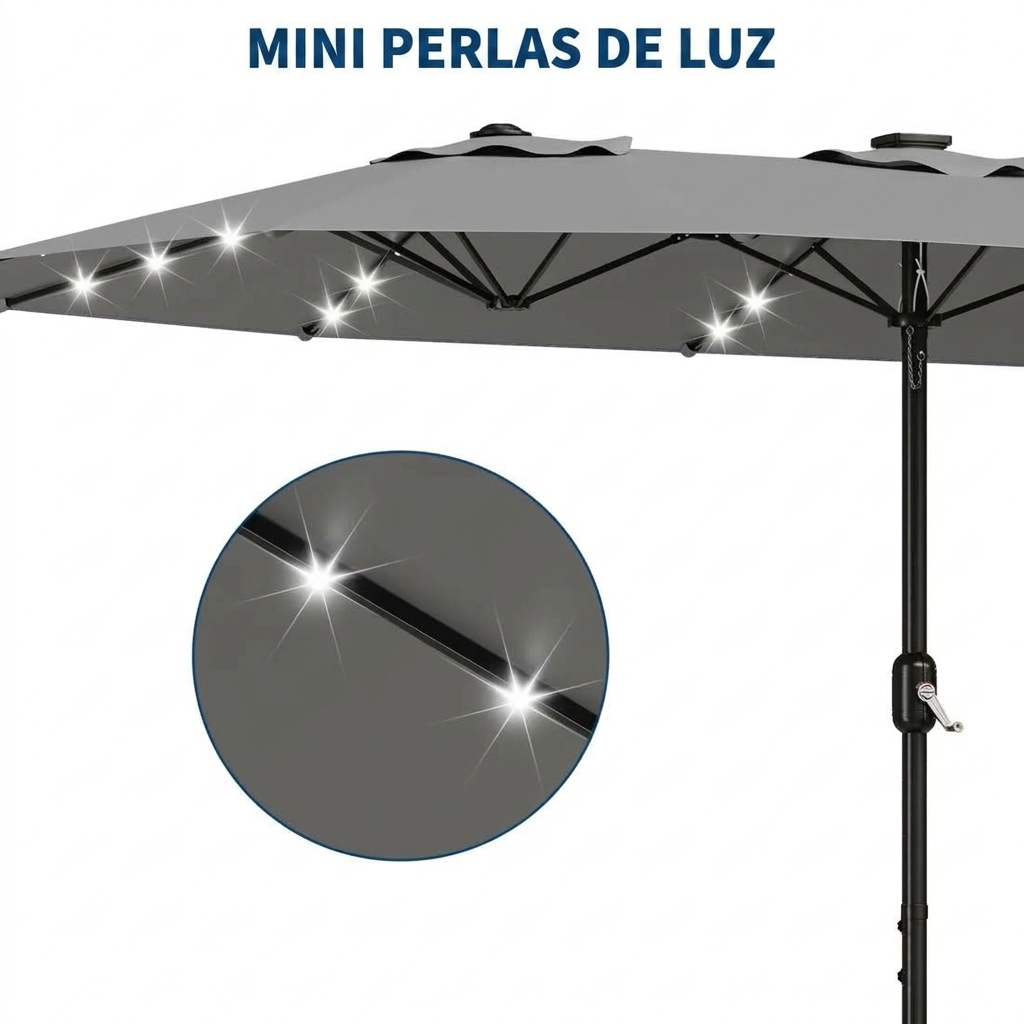 Sombrilla doble para patio, 4,55 x 2,65 metros, con base, luz LED opcional, diseño reversible, manivela, impermeable y con protección solar, ideal para patios, playas, piscinas, cafeterías, etc.