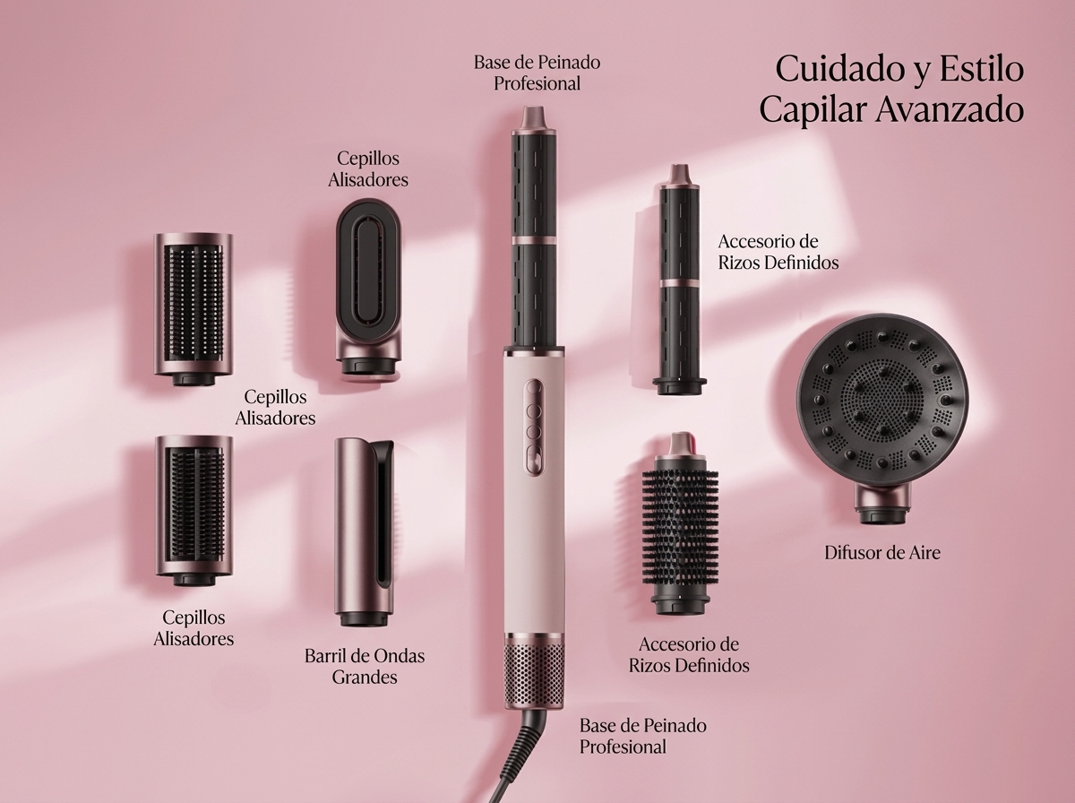 Moldeador de Pelo 7 en 1, Secador y Rizador Multifunción con Secado Rápido, 220-240 V, 50-60 Hz, 2 Barriles para Rizar, Cepillo Alisador, Cepillo para Dar Volumen y Suavizar, Herramienta de Peinado Multifunción para Crear Rizos, Ondas, Volumen y un Acabad