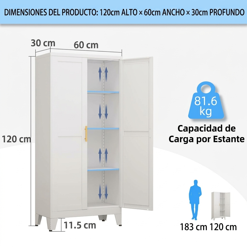 Armario de Almacenamiento de Metal con 2 Puertas, Estantes Ajustables y Tiradores Dorados, Gran Capacidad para Organizar Cocina, Despensa, Baño, Lavadero, Comedor, Salón y Oficina, Mueble Multiusos Moderno