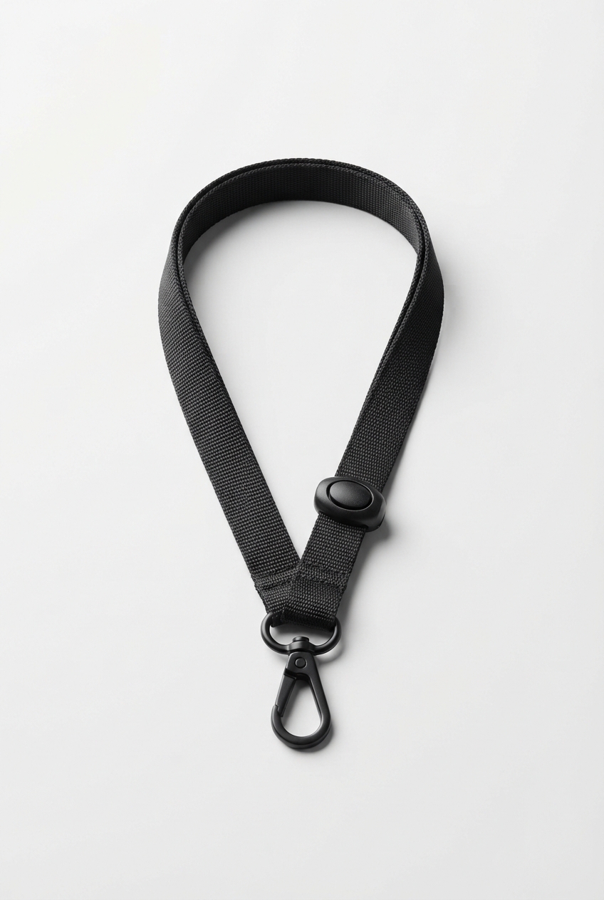 Black football lanyard with metal clasp on neutral background