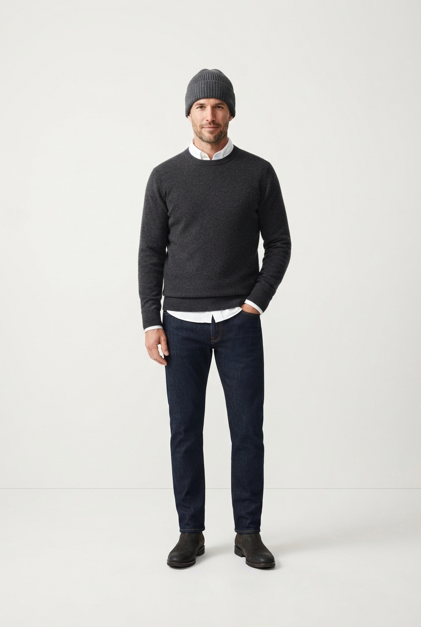 Dark gray football beanie worn by adult model