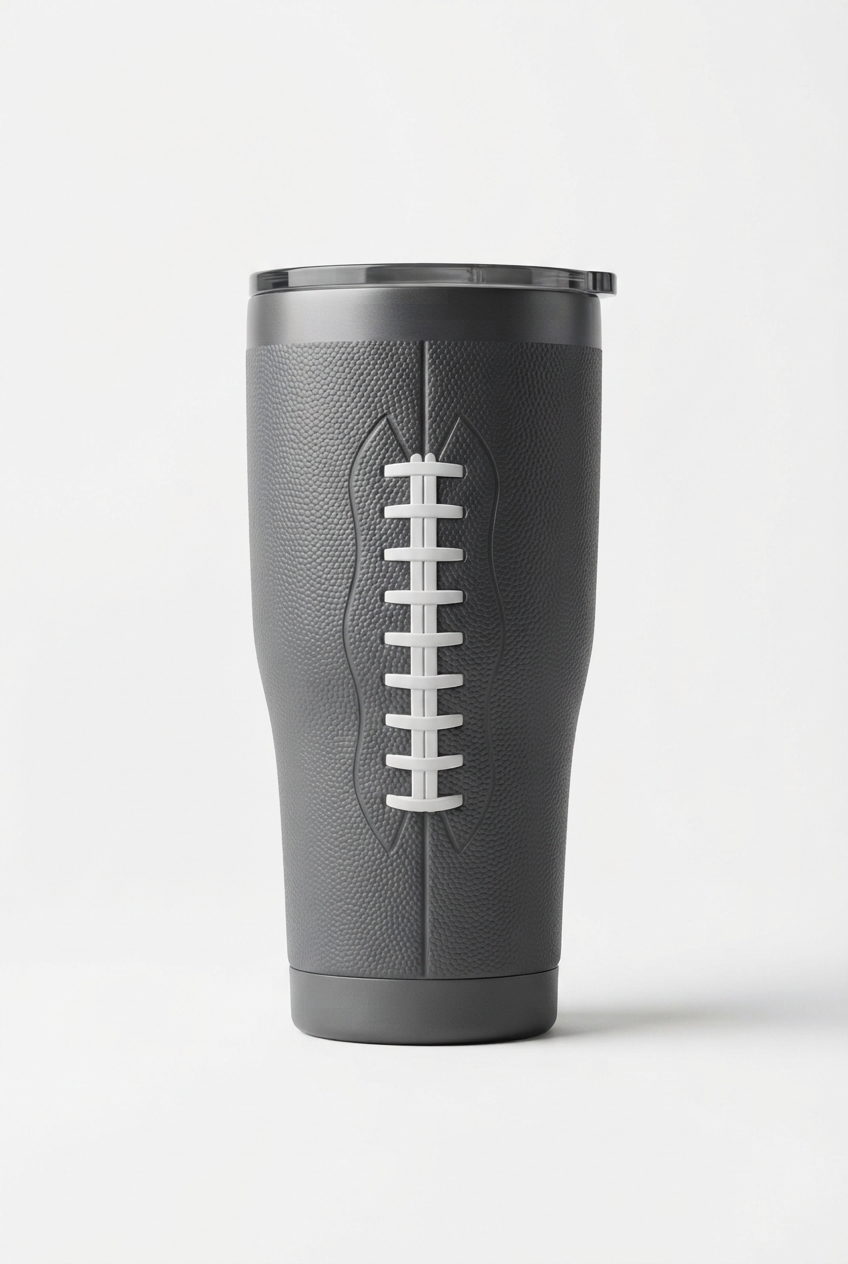 Dark gray stainless steel football tumbler with lid
