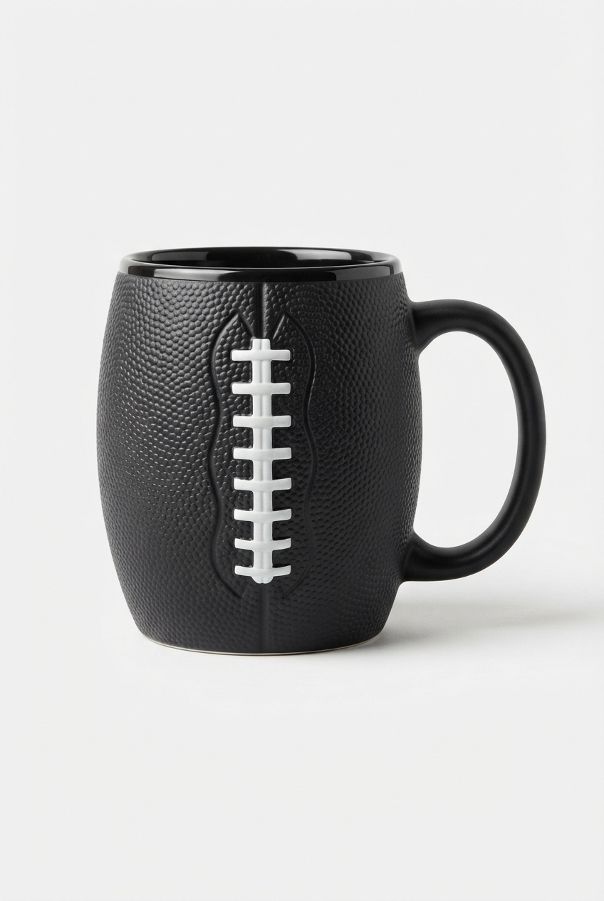 Black ceramic football mug with orange graphic