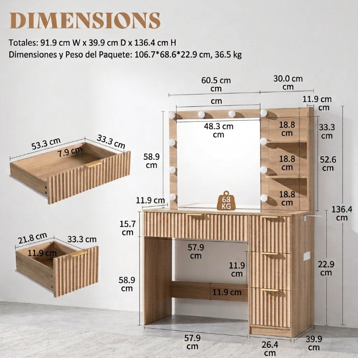 Tocador a rayas (con espejo y luz LED ajustable), con superficie de cristal y estación de carga, y un espacioso diseño de 4/7 cajones, perfecto para mujeres y niñas, adecuado para dormitorios o habitaciones de residencia estudiantil: un gran regalo/regalo