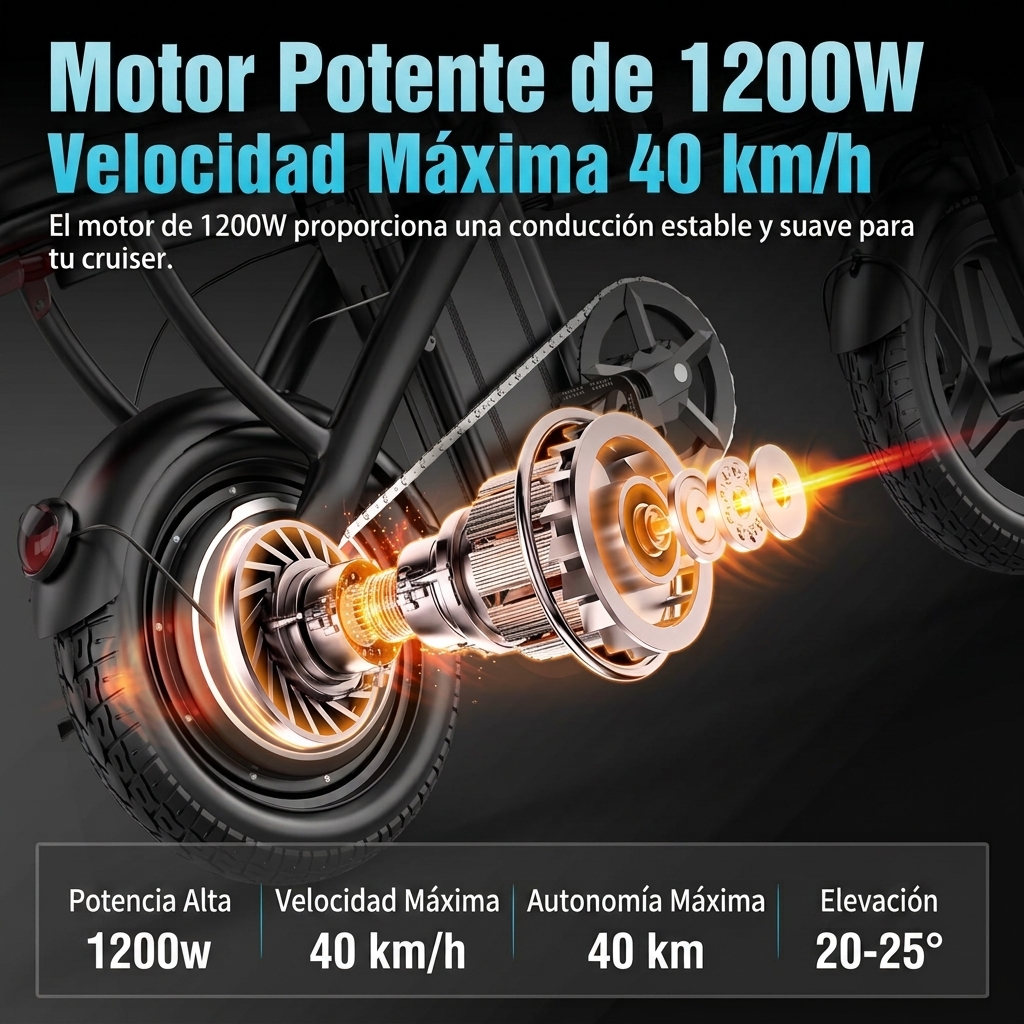 Bicicleta eléctrica plegable | Potencia máxima 1200 W | Neumáticos de 35,5 cm | Autonomía 35-64 km | Freno de disco trasero | Plegable | Dos plazas