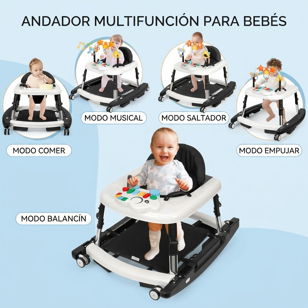 Andador unisex de plástico para bebés de 6 a 18 meses, andador plegable 5 en 1 con certificación de seguridad, 5 alturas ajustables, hamaca, música, bandeja de alimentación, reposapiés extraíble, andador inteligente portátil para niños y niñas.