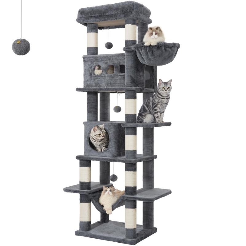 Un rascador de 170 cm de diámetro, ideal para gatos Maine Coon y otros felinos grandes, que incluye un poste rascador de varios niveles, una gran plataforma de descanso, una alfombrilla lavable, una casita con dos camas y ocho postes rascadores.