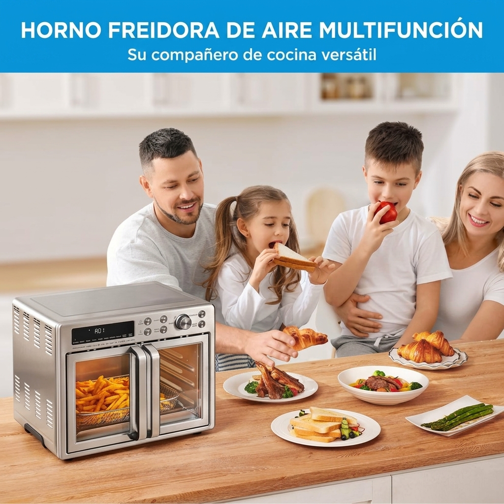 [Consejos de cocina 2026] Freidora de aire y horno combinados de doble puerta estilo francés, capacidad súper grande de 26,4 cuartos, freidora de aire y horno de encimera multifuncional 10 en 1, velocidad de cocción aumentada en un 25%, consumo de aceite 