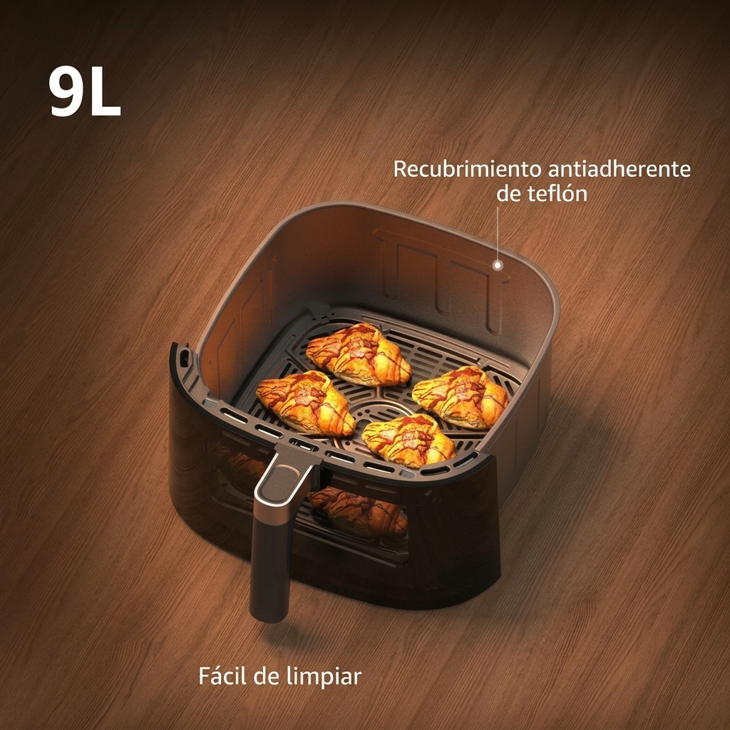 Freidora de aire potente de 9 L (XXL) con ventana transparente - Freidora de aire de 2350 W con circulación de aire a 360°, 9 programas automáticos