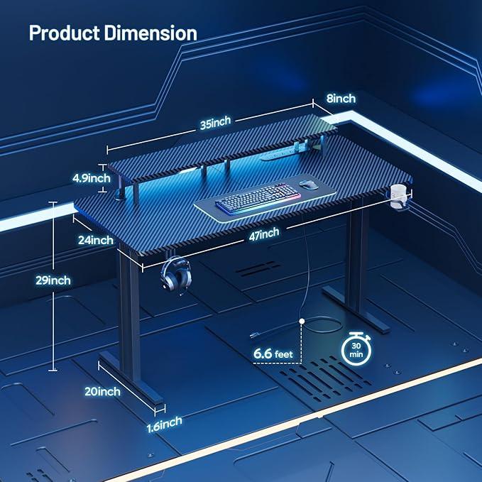 Mesa de juego multifuncional con 5 enchufes y luces LED; escritorio para juegos de ordenador con soporte para monitor; escritorio ergonómico de fibra de carbono para juegos; escritorio para oficina en casa con portavasos, gancho para auriculares y alfombr