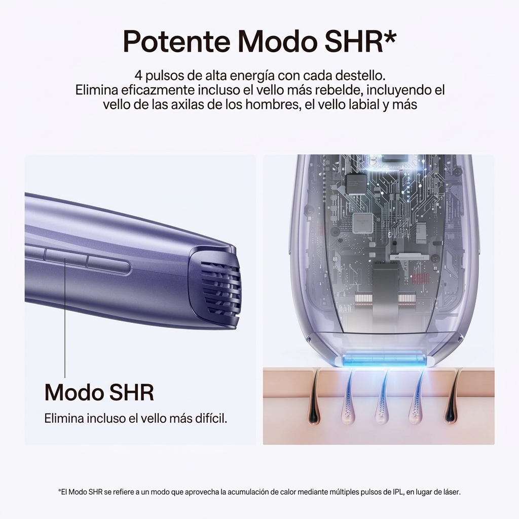 Depiladora IPL para Mujer y Hombre, Luz Pulsada para Depilación en Casa, Enfriamiento por Hielo, Sensor de Piel, 2 Luces, Modo SHR y Cuidado de la Piel