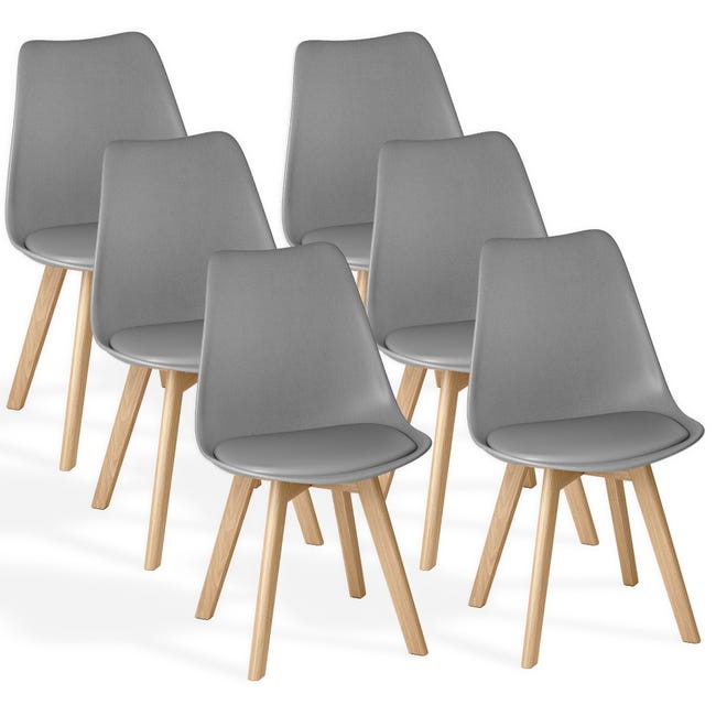 Pack de 4/6 Sillas de Comedor Acolchadas, Diseño Nórdico Tipo Tulipán, Carcasa de Polipropileno con Cojín de Polipiel y Patas de Madera de Haya