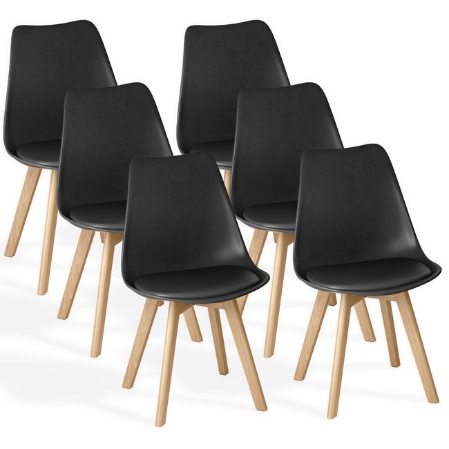 Pack de 4/6 Sillas de Comedor Acolchadas, Diseño Nórdico Tipo Tulipán, Carcasa de Polipropileno con Cojín de Polipiel y Patas de Madera de Haya
