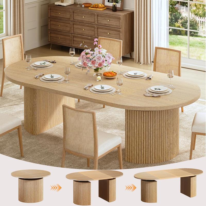 Mesa de Comedor de 180 cm para 6-8 Personas, Diseño Ovalado con Base de Listones de Madera, Mesa Moderna para Cocina, Salón o Comedor