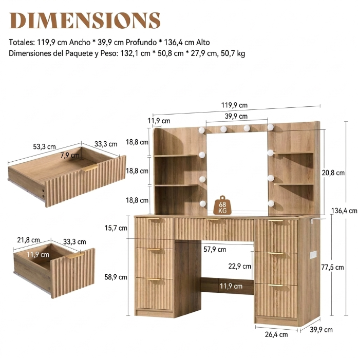 Tocador a rayas (con espejo y luz LED ajustable), con superficie de cristal y estación de carga, y un espacioso diseño de 4/7 cajones, perfecto para mujeres y niñas, adecuado para dormitorios o habitaciones de residencia estudiantil: un gran regalo/regalo