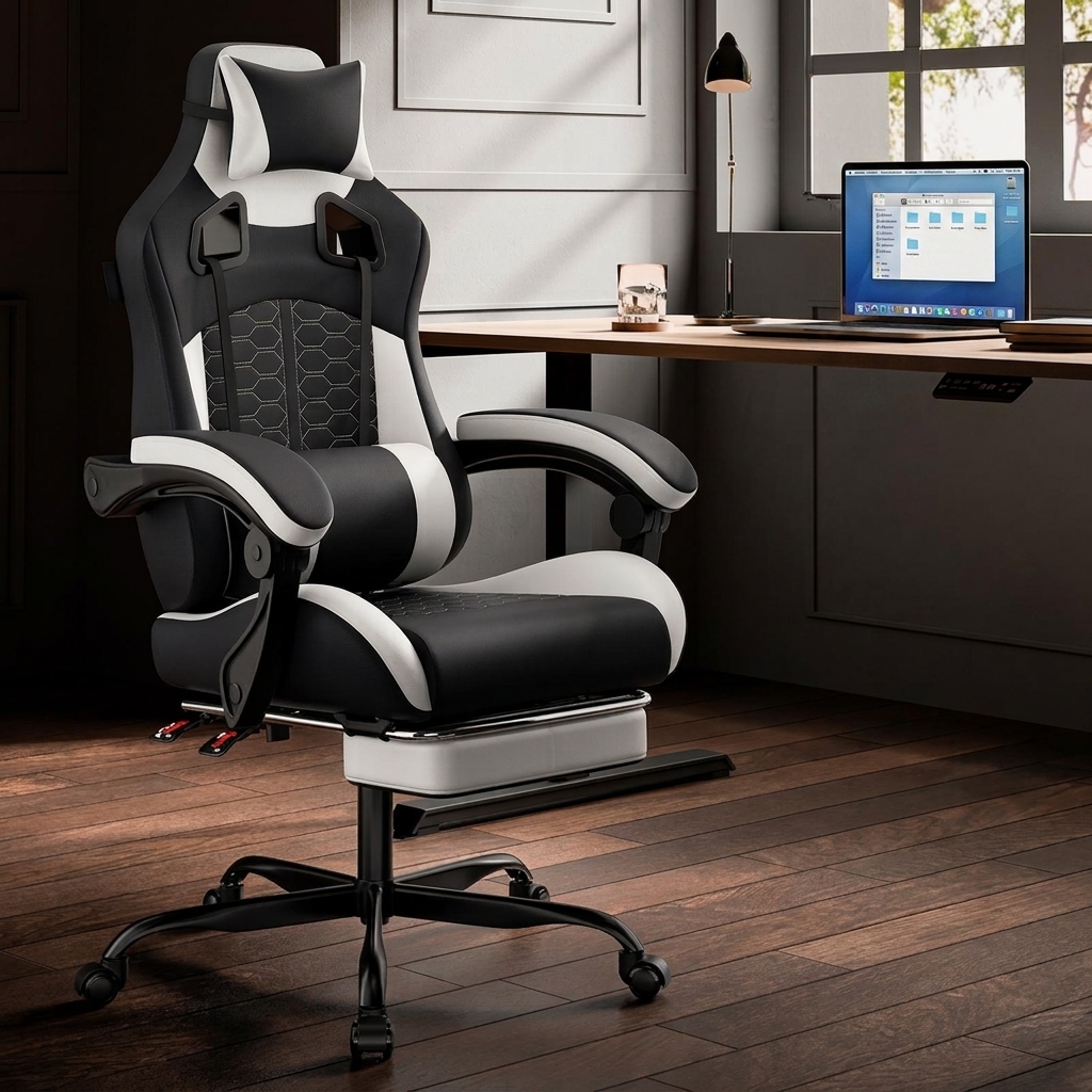 Silla de juegos para uso doméstico, cómoda silla ergonómica para sentarse durante mucho tiempo, equipada con con almohada Lumbar de espuma viscoelástica, silla de oficina giratoria de 360 grados