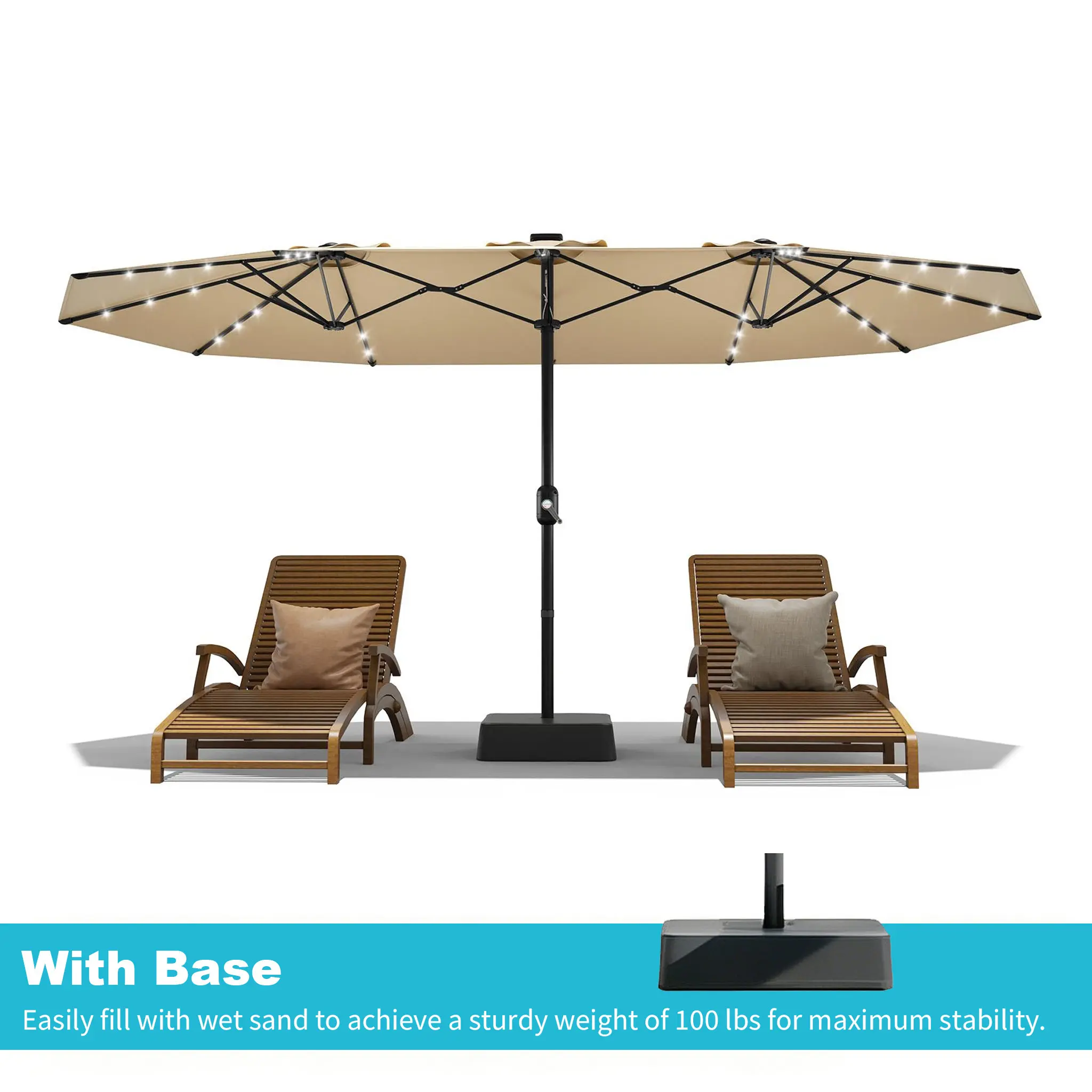 Sombrilla grande para patio al aire libre Garvee de 15ft con base – Opción de luz LED, doble cara, manivela, resistente al agua, incluye base con peso y bolsa de arena, con capacidad para 10 personas, ideal para el borde de la piscina, el jardín, el céspe