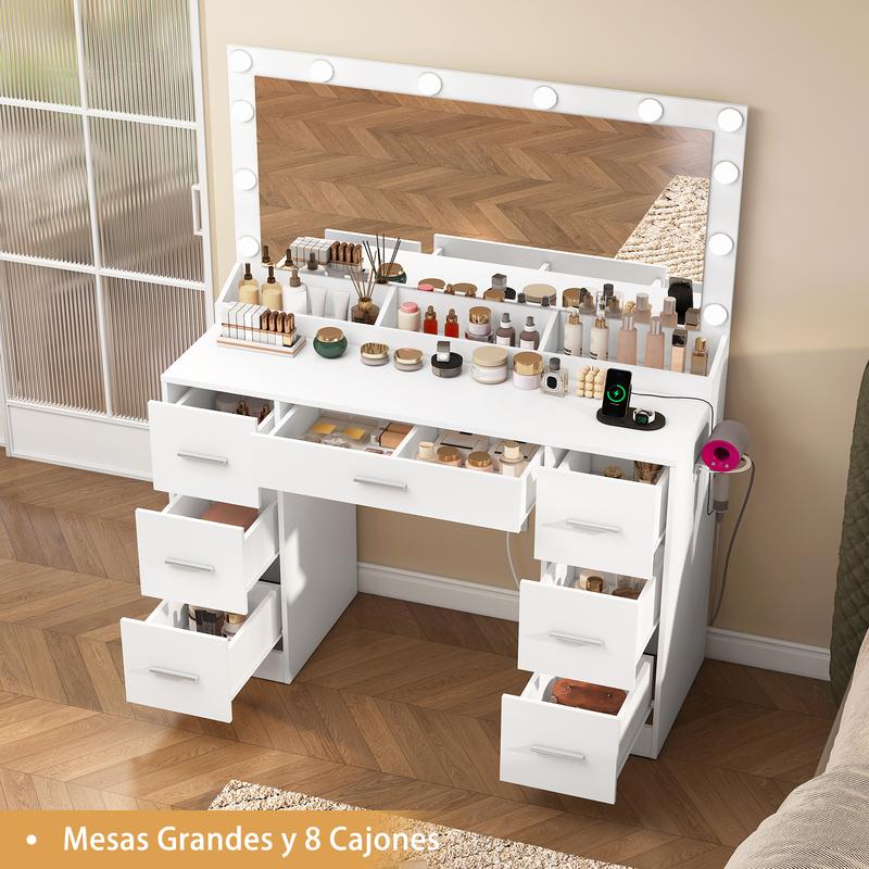 Moderno Tocadores de maquillaje con Espejo, 12 Luces LED Regulables, Tocador con Enchufes Eléctricos, 7 Cajones y 3 Bandejas de Maquillaje, Blanco