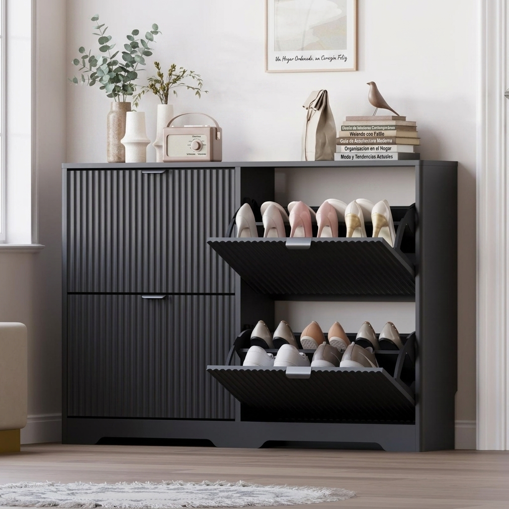 Zapatero para recibidor con 4 cajones abatibles, zapatero negro estriado con estantes ajustables, zapatero de madera oculto, independiente, estrecho y delgado, para pasillo, entrada, artículos esenciales para dormitorios, decoración del hogar