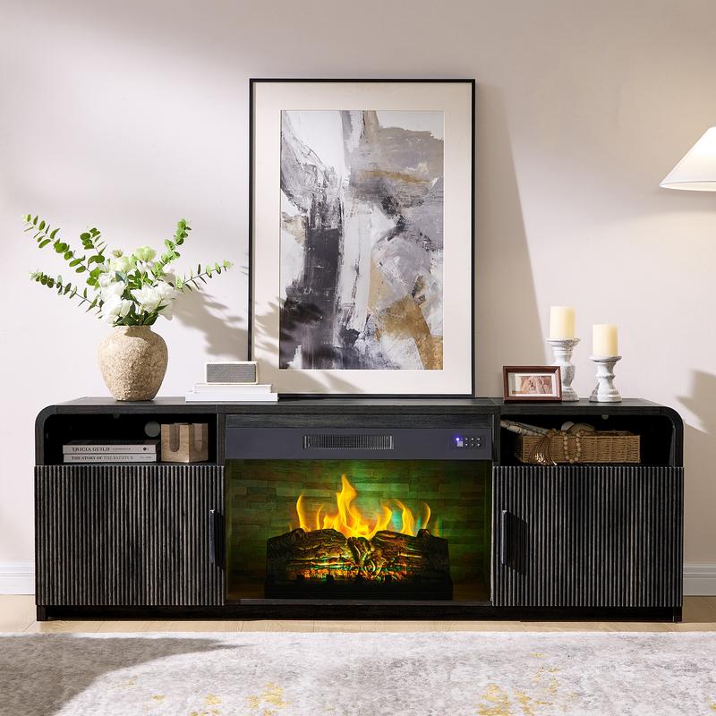 Mueble TV de 178 cm con Chimenea Eléctrica de 30", Diseño de Madera Estriada, Puertas y Armarios de Almacenamiento, para TV de hasta 80", Ideal para Salón