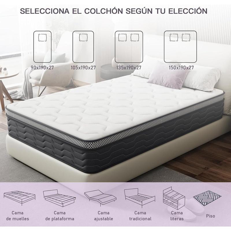 Colchón Híbrido de Muelles y Espuma Viscoelástica, Transpirable, Antibacteriano, Hipoalergénico, Absorbente de Humedad, 135x190x27 cm, 90x190cm, 105x190cm, 150x190cm, al. 27 cm