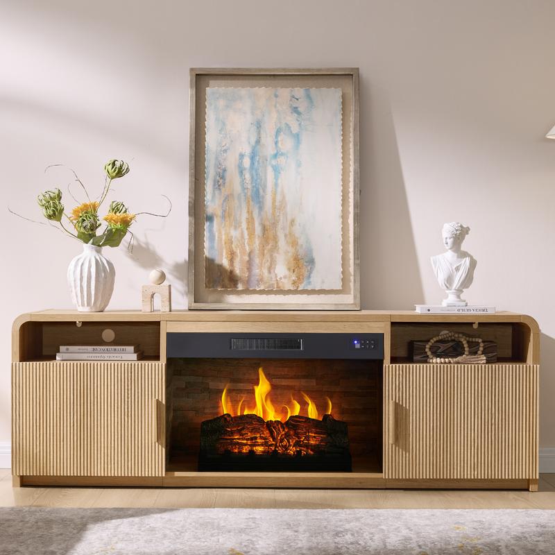 Mueble TV de 178 cm con Chimenea Eléctrica de 30", Diseño de Madera Estriada, Puertas y Armarios de Almacenamiento, para TV de hasta 80", Ideal para Salón