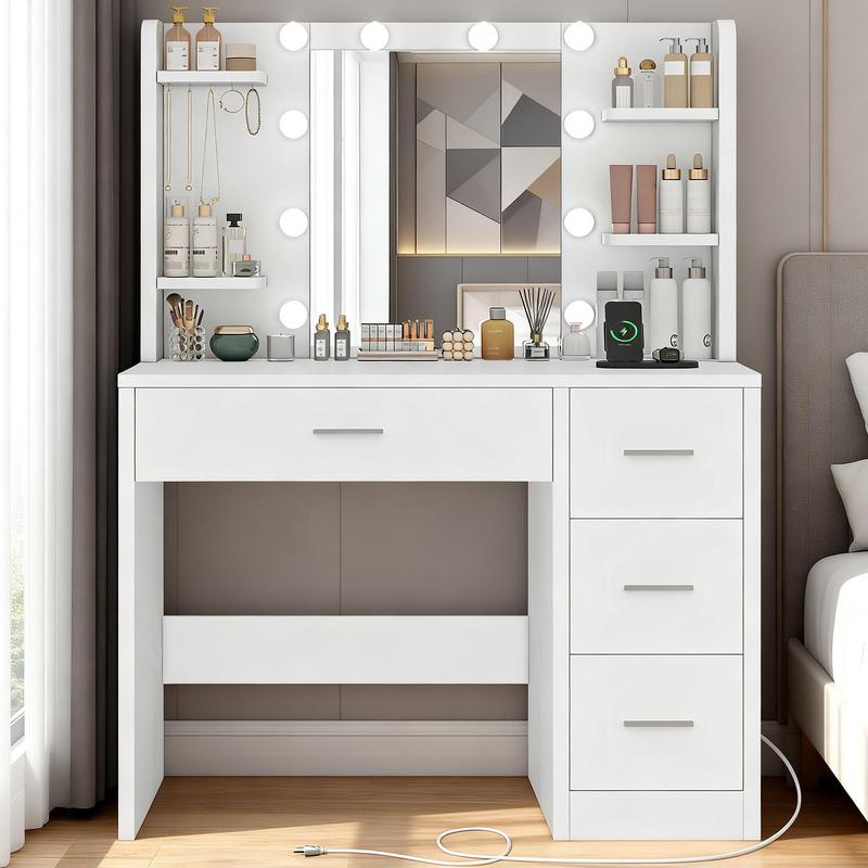 Moderno Tocadores De Maquillaje con espejo y luz,  con enchufe, mesa de tocador 4 cajones, 4 baldas abiertas, 5 ganchos para joyas, para dormitorio, blanco