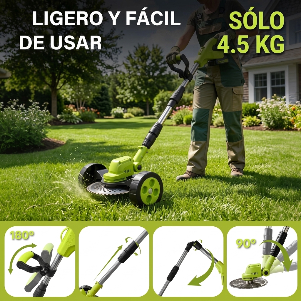 Cortabordes eléctrico inalámbrico, 3 accesorios de corte diferentes para recortar el césped y perfilar bordes, con 2 baterías y diseño ligero; ideal para patios y jardines.